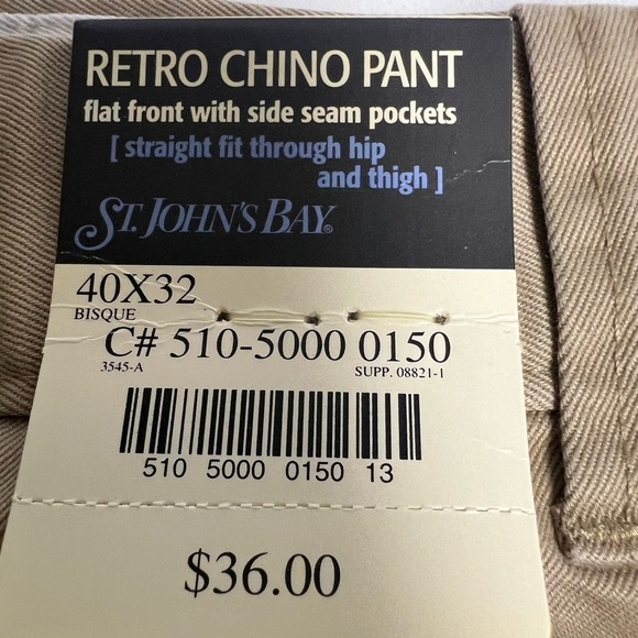 ST JOHN’S BAY KHAKI RETRO CHINO PANTS. FLAT FRONT w/SIDE SEAM POCKETS. W40 x 32L - Picture 7 of 8
